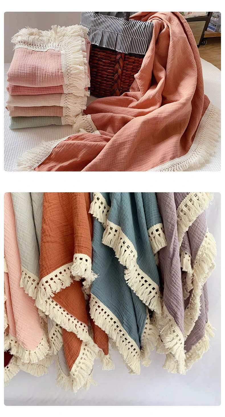 Poowe Muslin Cotton Baby Receiving Blanket with Fringe, Boho Bohemian Tassels, Nursery Decor